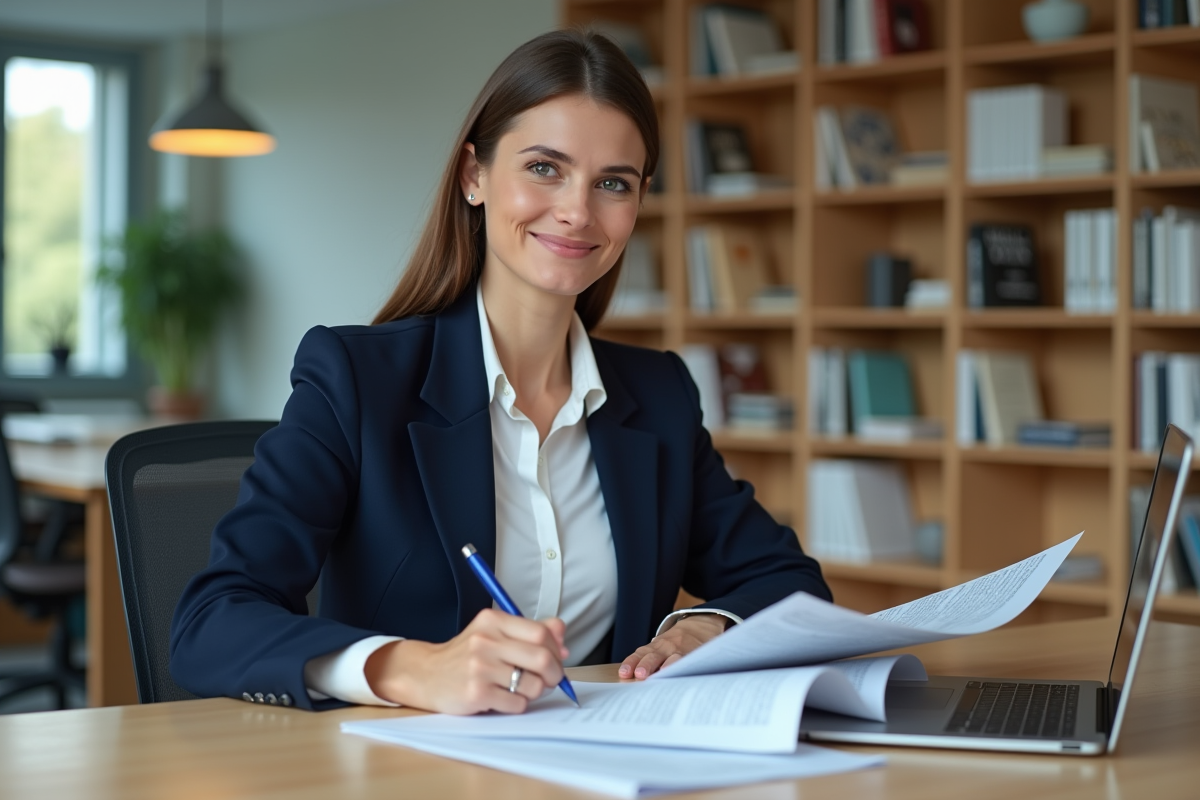 Femme d affaires en blazer bleu examine des documents