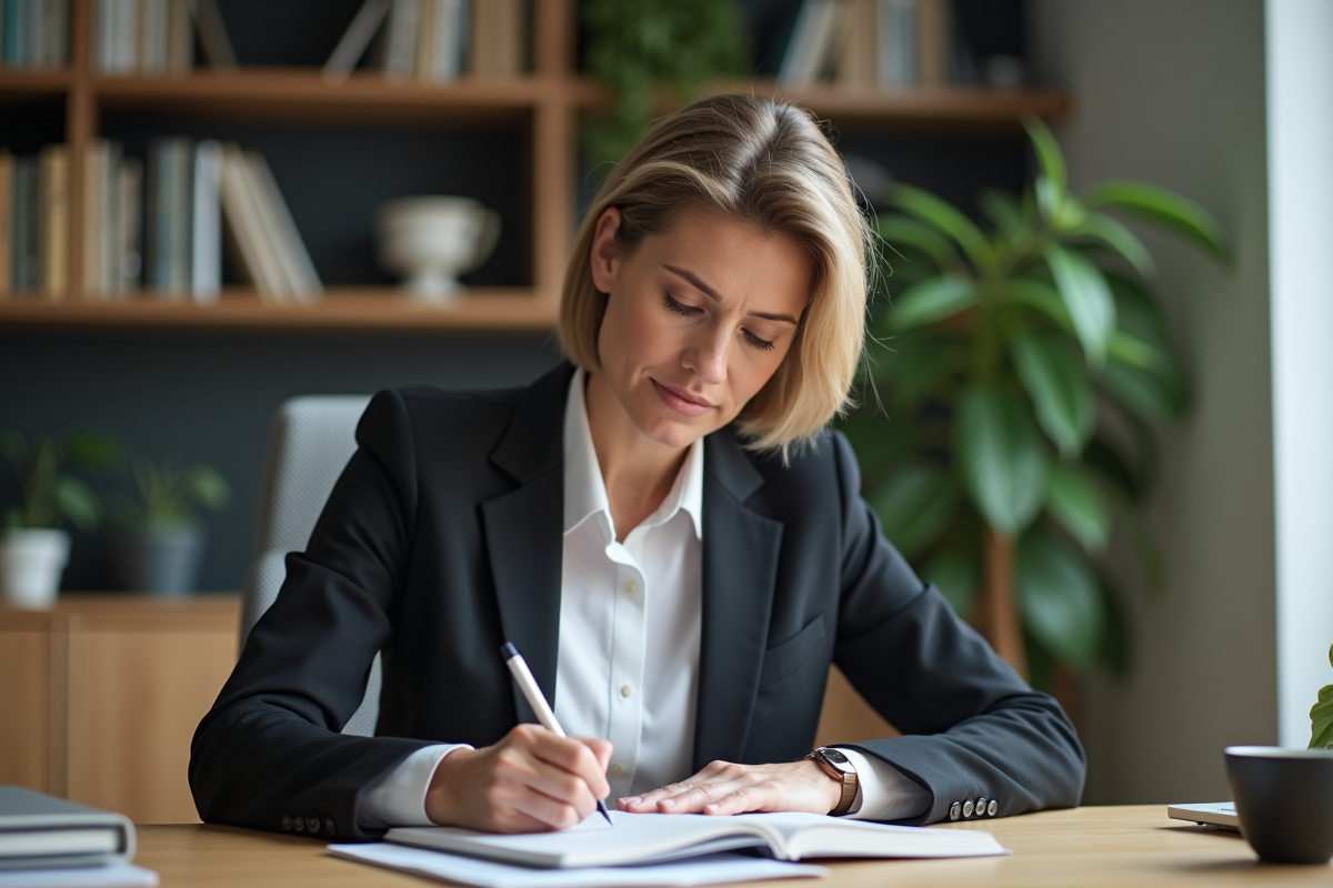 Femme d'affaires en revue de notes dans un bureau moderne