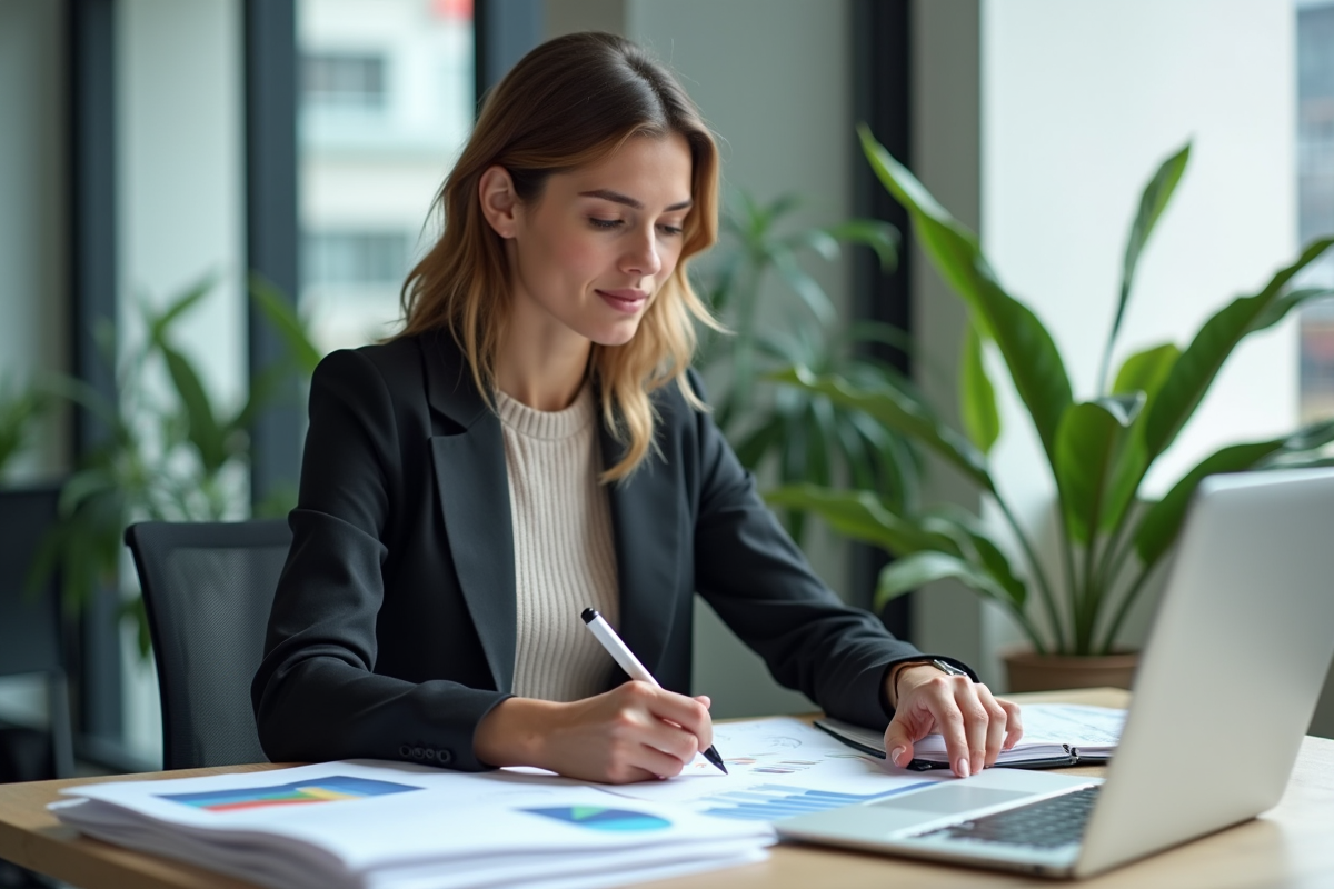Femme en analyse de données dans un bureau moderne