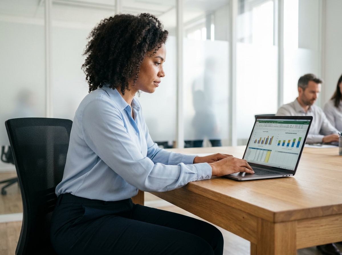 Femme analysant des données de rémunération sur un ordinateur portable avec des graphiques salariaux dans un bureau moderne