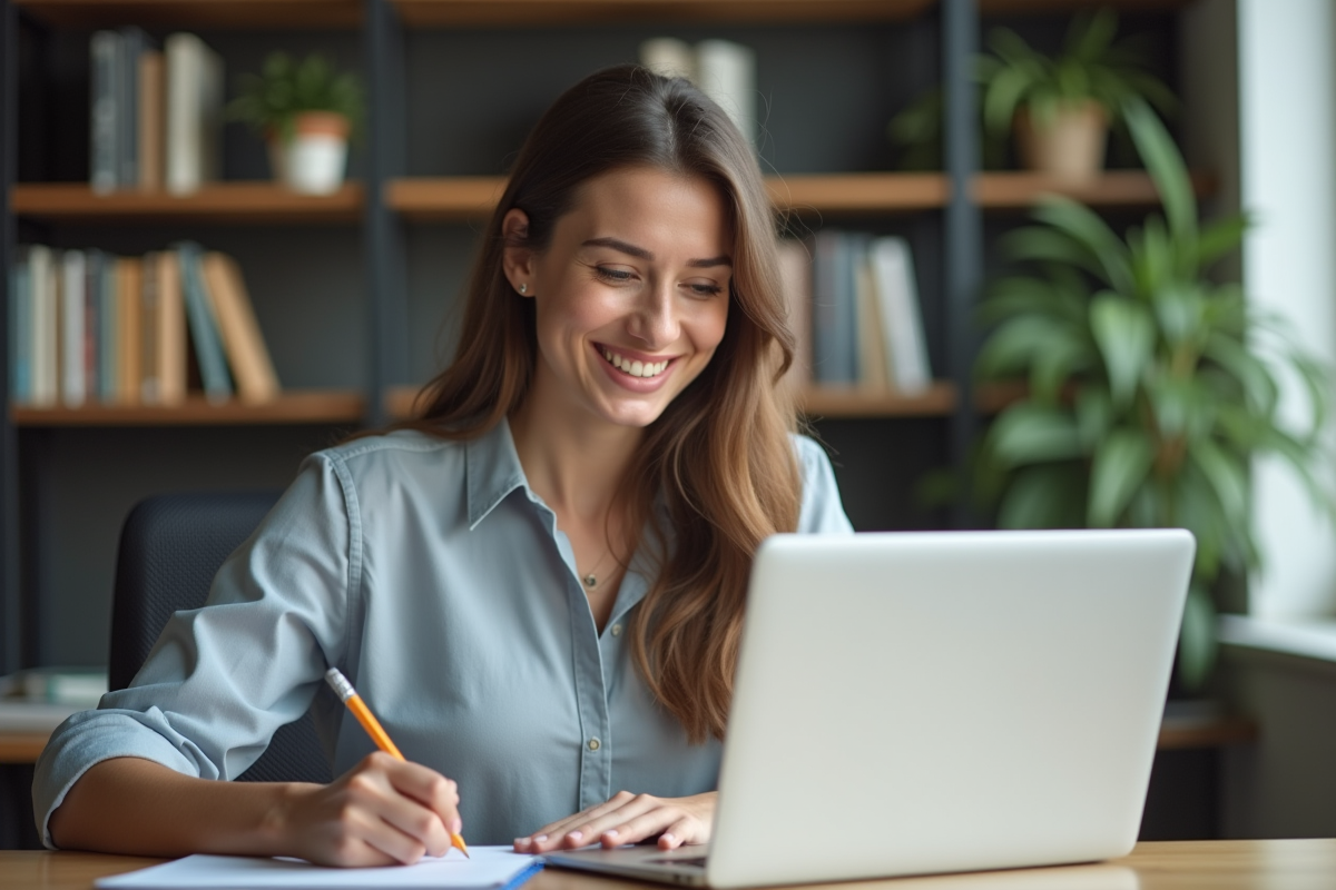 Jeune femme au bureau analysant un tableau Excel