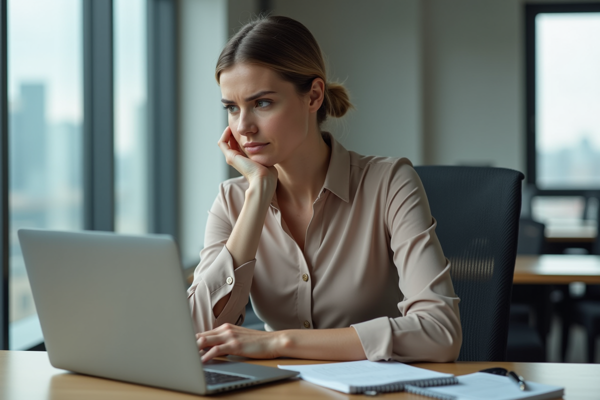 Femme concentrée au bureau en train d'analyser des documents