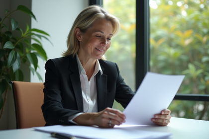 Femme d'âge moyen lisant des lettres dans un bureau moderne