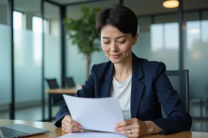 Femme professionnelle en blazer marine lisant une note de service imprimée dans un bureau moderne