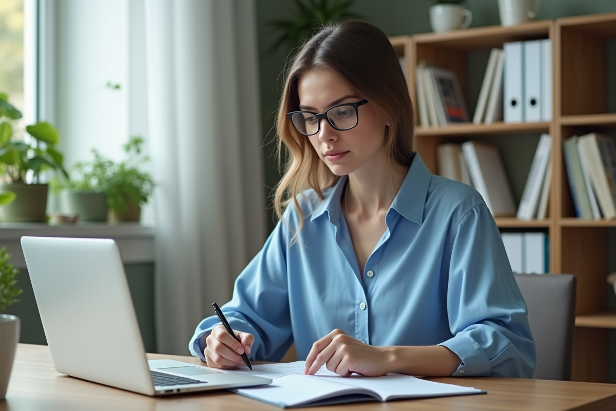 Jeune femme professionnelle analysant un tableau sur son ordinateur