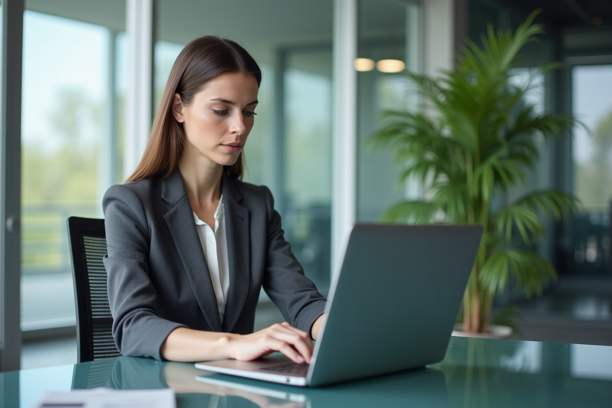 Femme professionnelle travaillant sur un ordinateur dans un bureau moderne