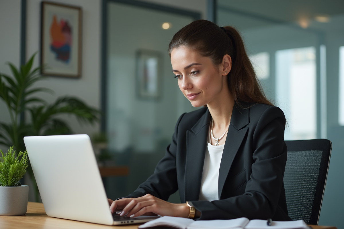 Femme en tenue professionnelle au bureau avec ordinateur