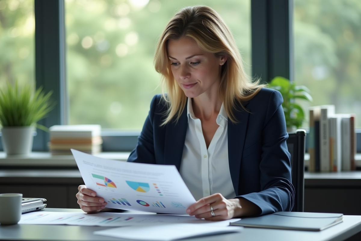 Femme professionnelle en bureau lisant un rapport avec graphiques