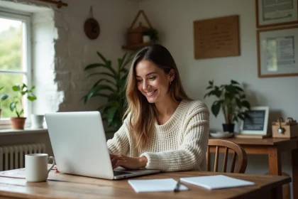 Femme souriante dans un bureau rustique avec ordinateur