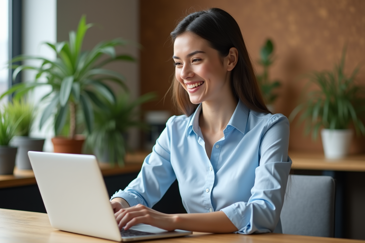 Femme souriante au bureau tapant sur un ordinateur