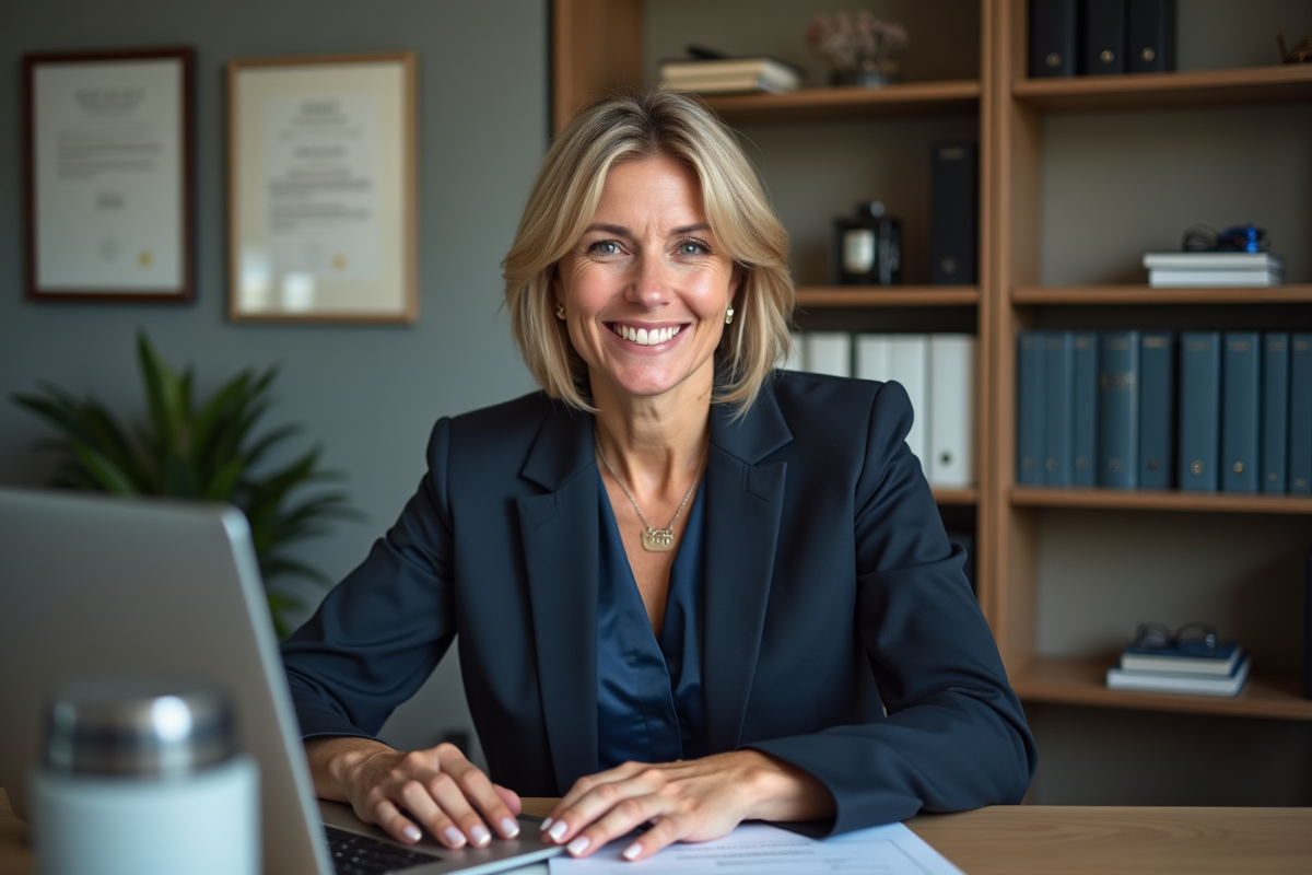 Femme confiante travaillant sur son ordinateur dans un bureau