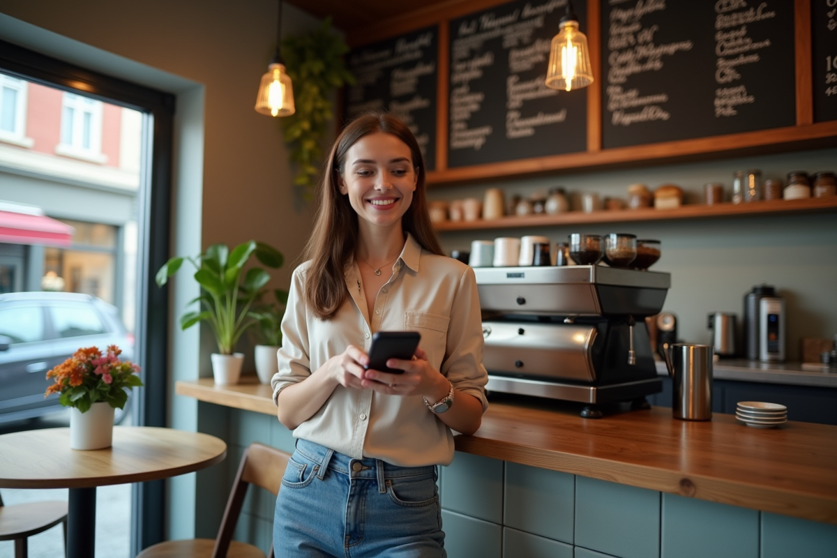 Femme dans un café urbain vérifiant son téléphone