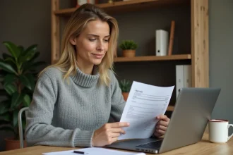Femme consultant un ancien bulletin de salaire sur son ordinateur portable depuis son bureau à domicile