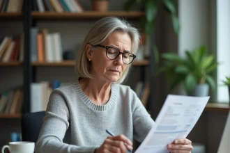 Femme consultant un relevé bancaire à son bureau pour contester un prélèvement abusif