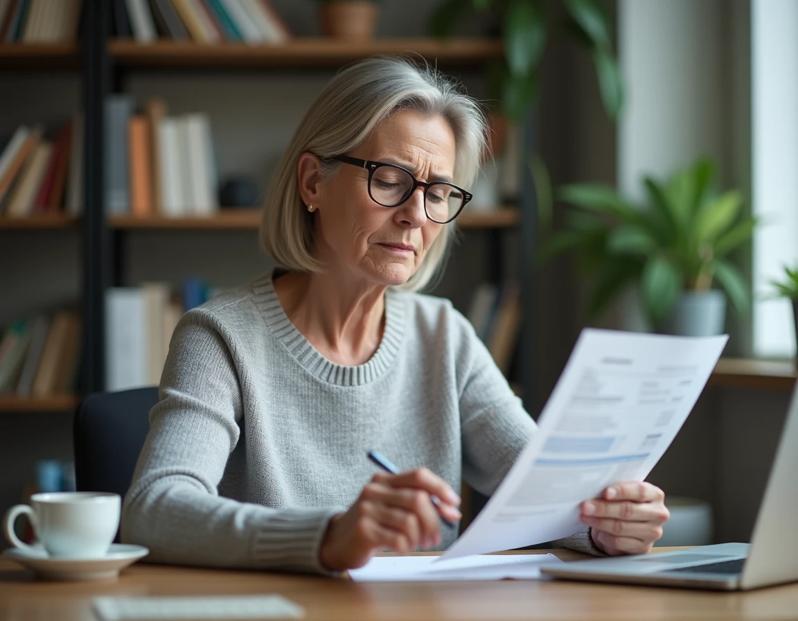 Femme consultant un relevé bancaire à son bureau pour contester un prélèvement abusif