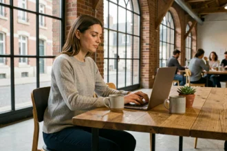 Femme travaillant sur son ordinateur portable dans un espace de coworking moderne à Angoulême avec murs en briques apparentes