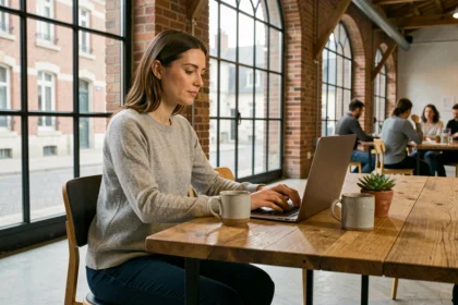 Femme travaillant sur son ordinateur portable dans un espace de coworking moderne à Angoulême avec murs en briques apparentes
