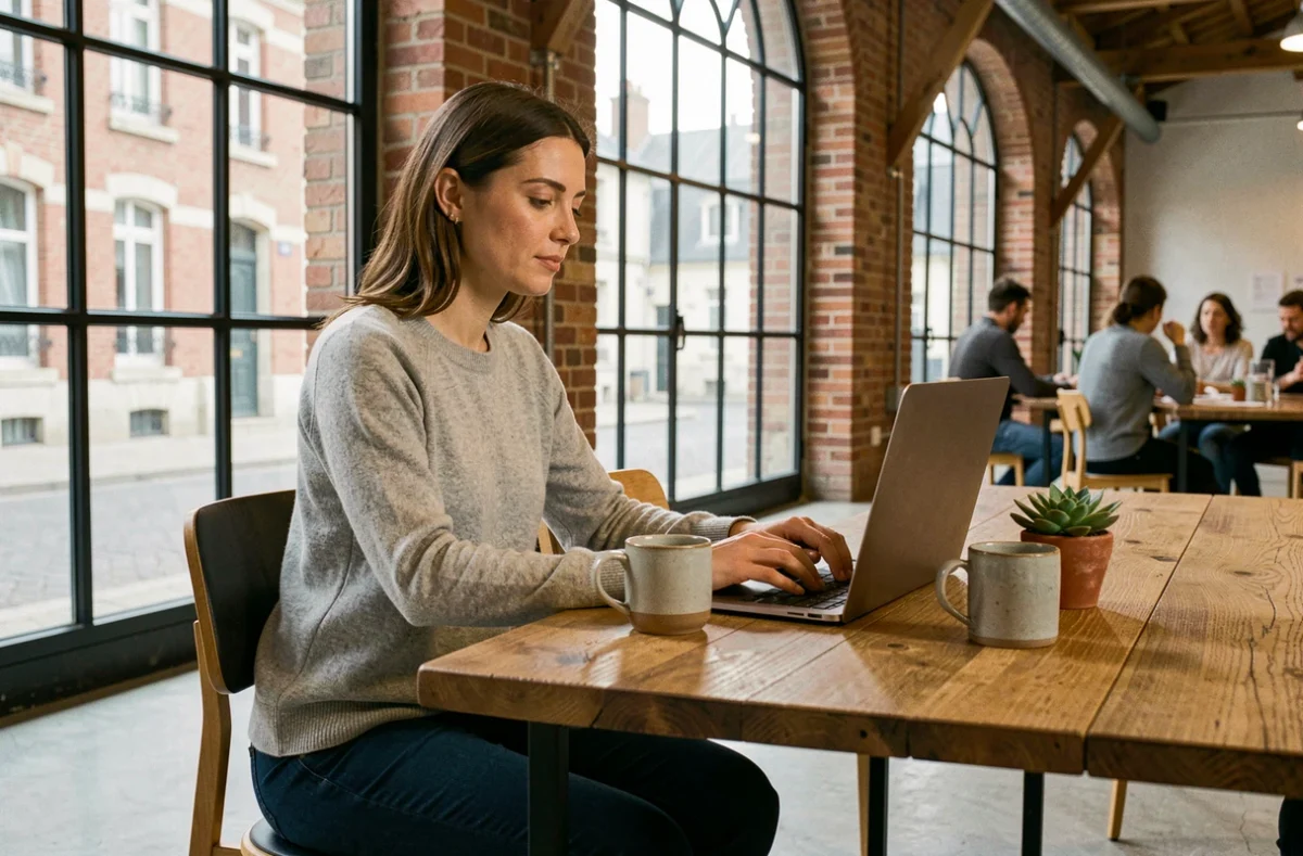 Femme travaillant sur son ordinateur portable dans un espace de coworking moderne à Angoulême avec murs en briques apparentes