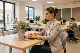 Femme travaillant dans un espace de coworking moderne à Blagnac avec vue sur le quartier d'affaires