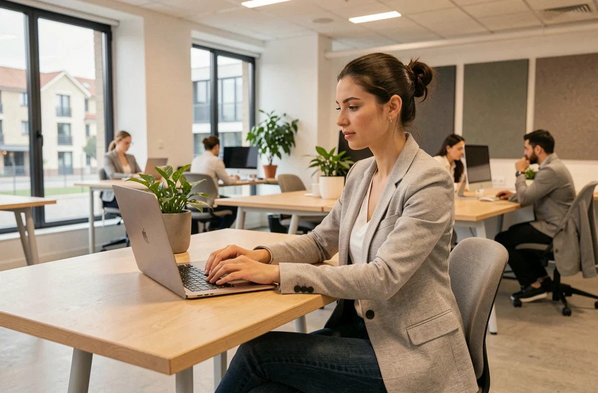 Femme travaillant dans un espace de coworking moderne à Blagnac avec vue sur le quartier d'affaires