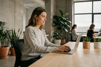 Femme travaillant dans un espace de coworking moderne à Brest avec ordinateur portable et décor épuré