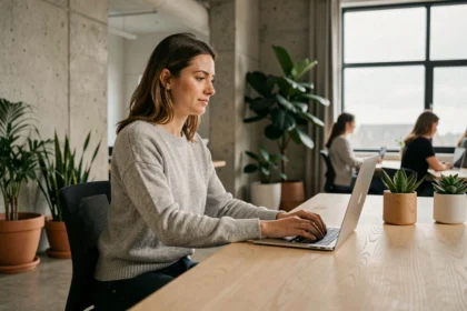 Femme travaillant dans un espace de coworking moderne à Brest avec ordinateur portable et décor épuré
