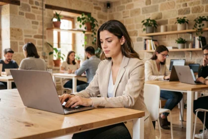 Femme en train de travailler dans un espace de coworking à Cahors avec des murs en pierre apparente