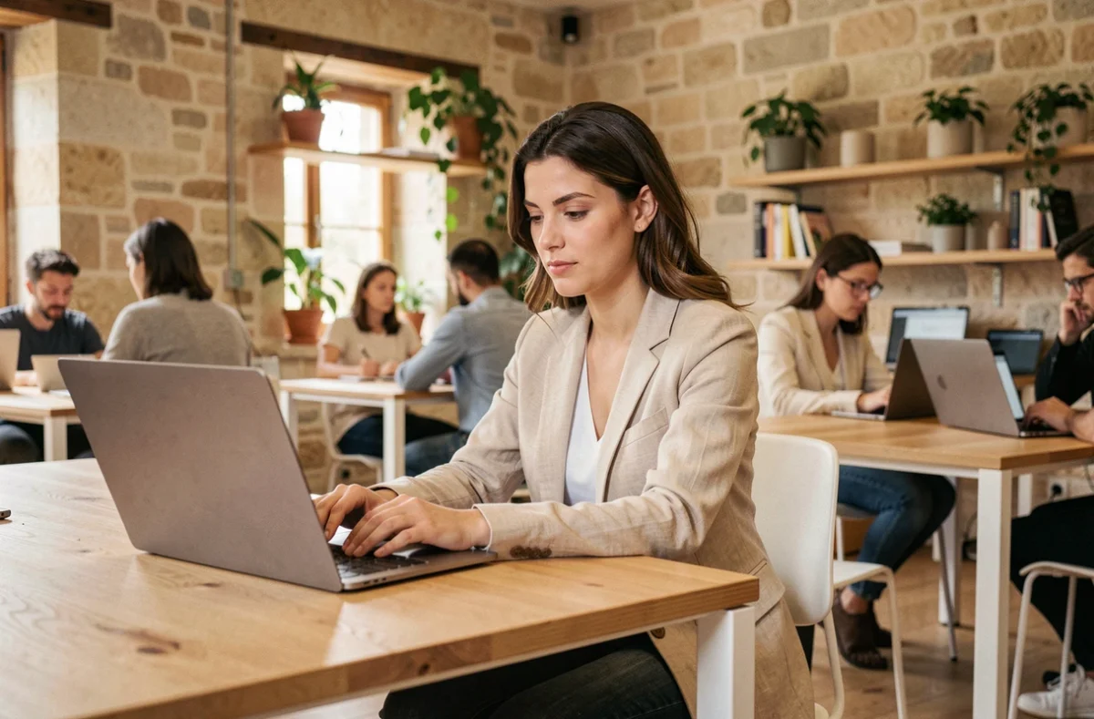 Femme en train de travailler dans un espace de coworking à Cahors avec des murs en pierre apparente
