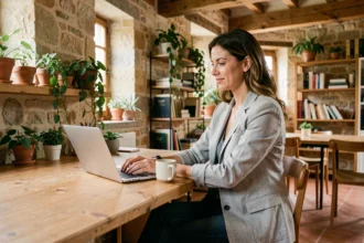 Femme travaillant dans un espace de coworking à Périgueux avec murs en pierre apparente et ambiance chaleureuse