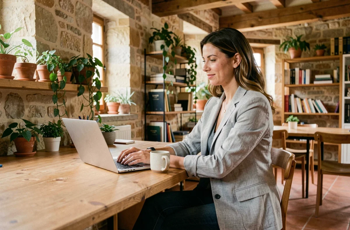 Femme travaillant dans un espace de coworking à Périgueux avec murs en pierre apparente et ambiance chaleureuse