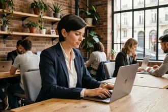 Femme travaillant dans un espace de coworking moderne à Rochefort avec ordinateur portable sur bureau en bois