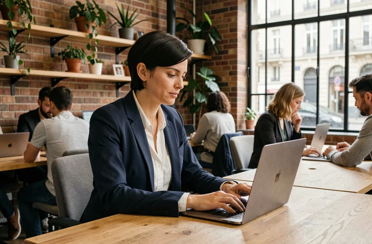 Femme travaillant dans un espace de coworking moderne à Rochefort avec ordinateur portable sur bureau en bois
