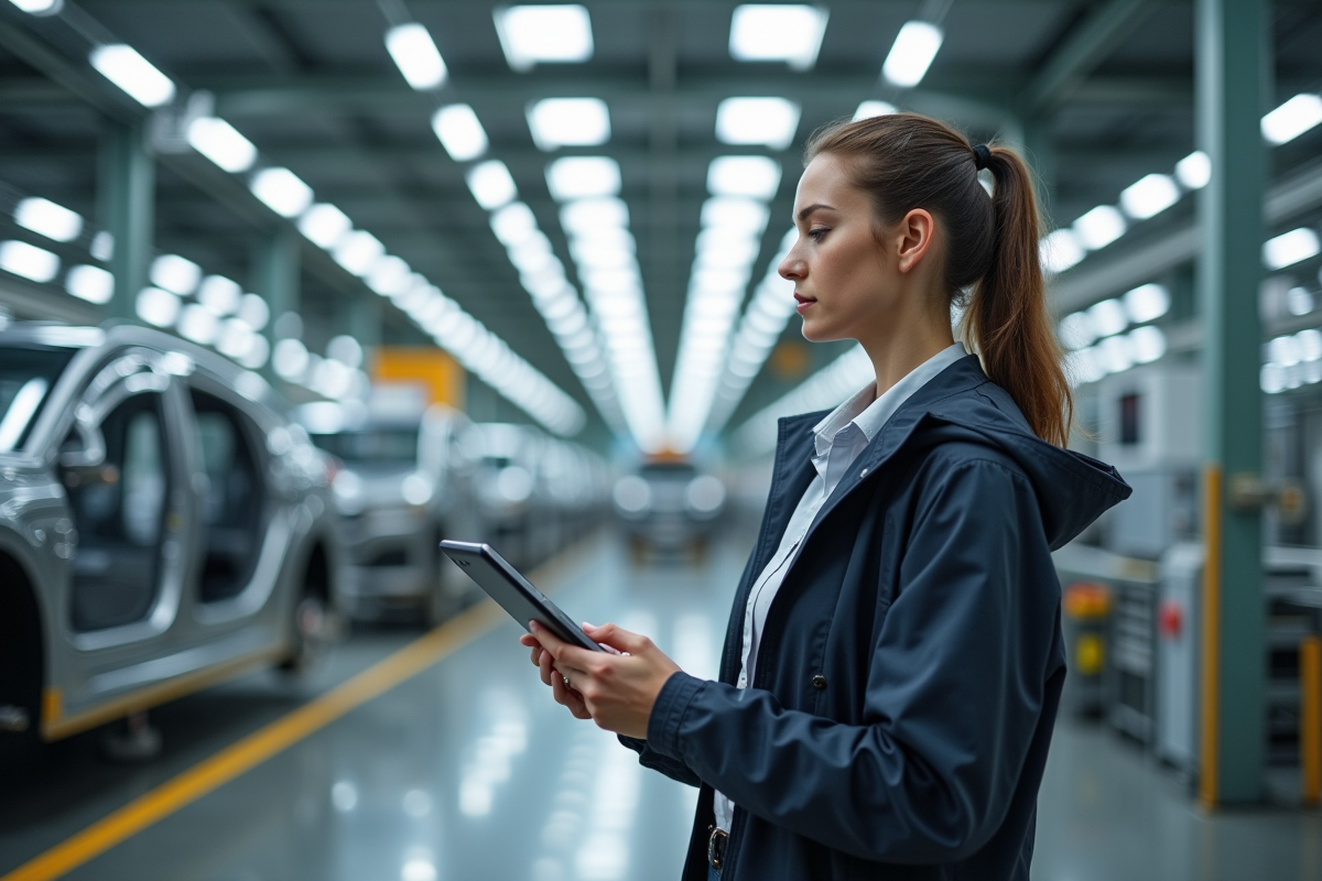 Jeune femme ingénieure inspectant ligne de fabrication