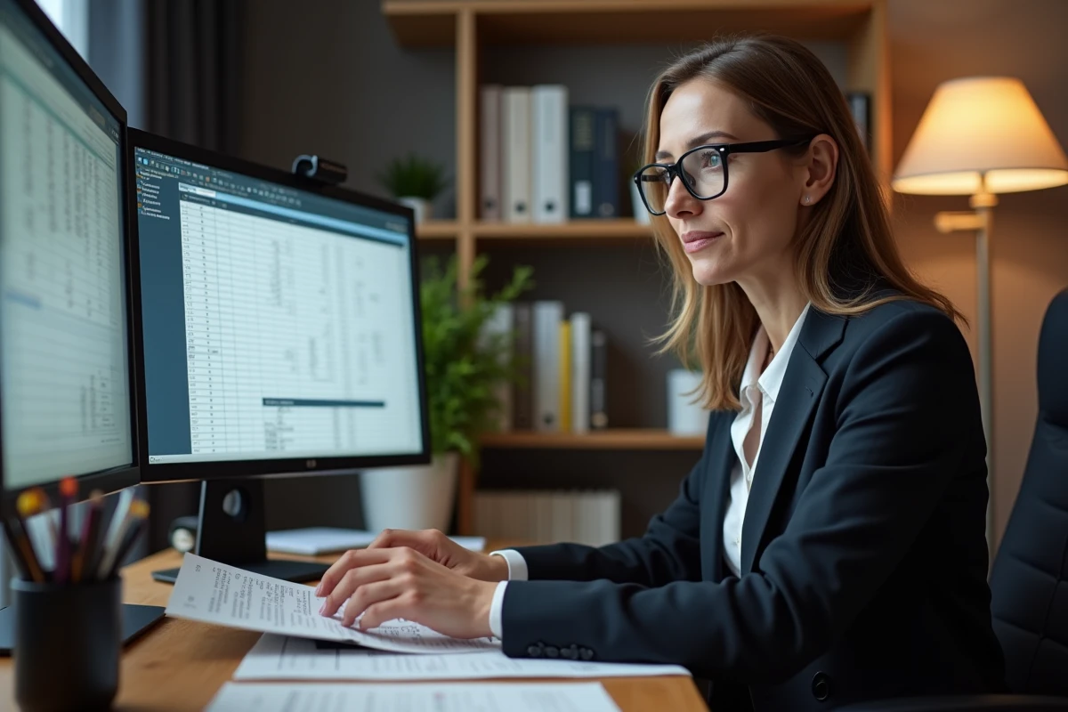 Femme entrepreneur contrôlant l'identité de son entreprise sur ordinateur pour prévenir la fraude au numéro DUNS