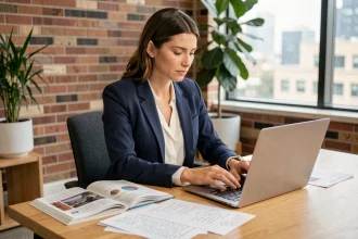 Femme entrepreneure analysant des documents financiers et un magazine business dans un espace de coworking moderne