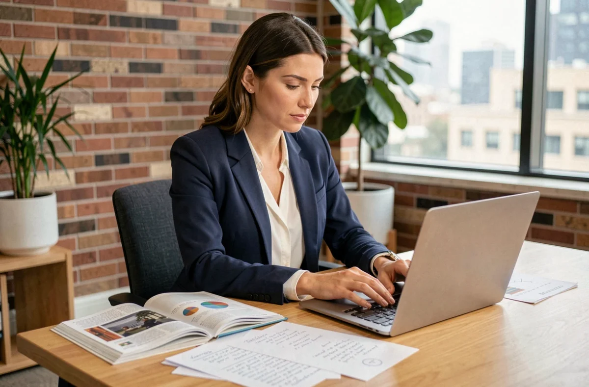 Femme entrepreneure analysant des documents financiers et un magazine business dans un espace de coworking moderne