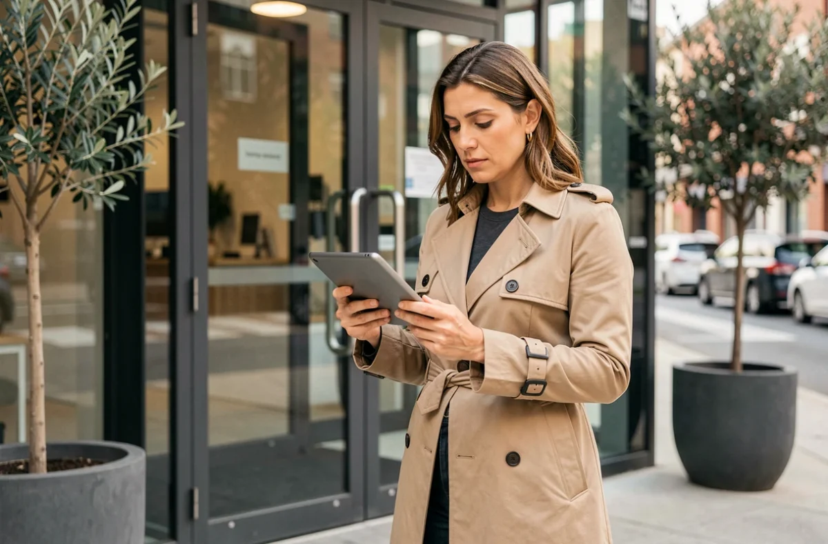 Femme consultante devant un espace de coworking consultant sa tablette pour évaluer une société de portage salarial