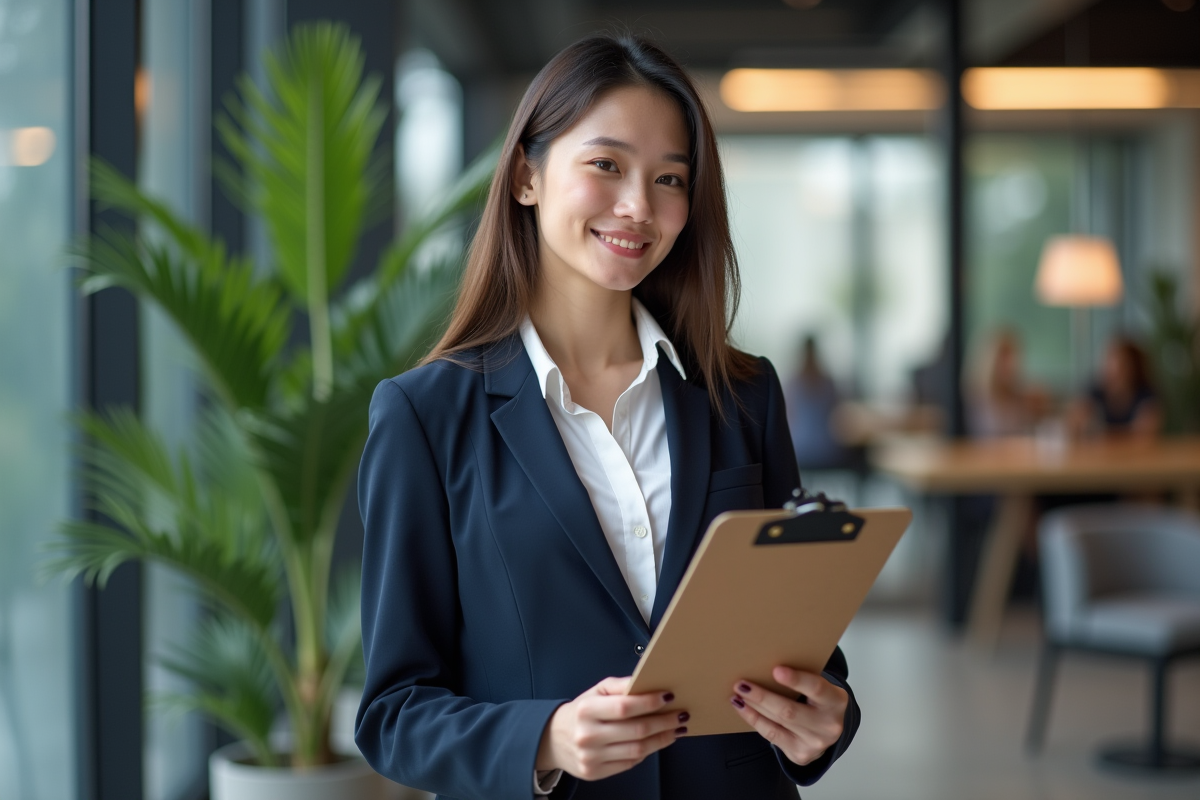 Jeune femme commerciale avec un bloc-notes dans un espace lounge
