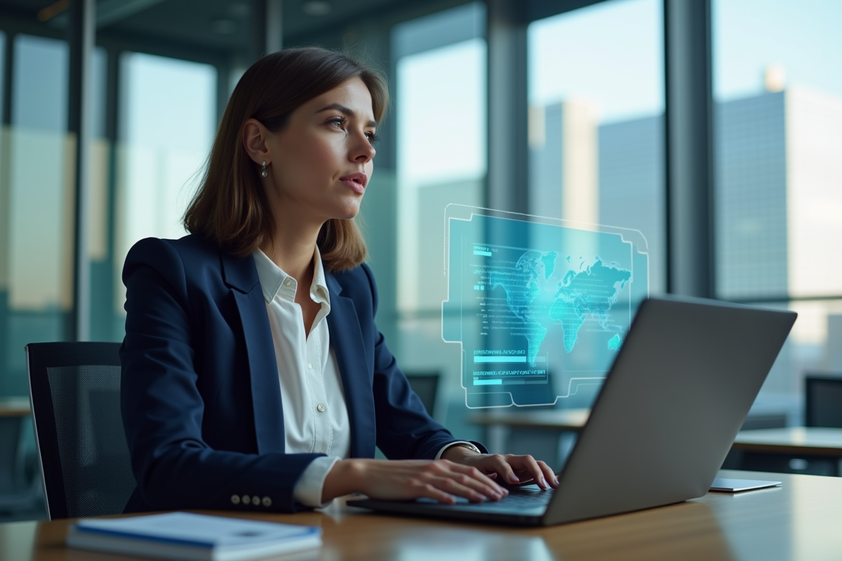 Femme en blazer bleu interactant avec une interface holographique