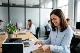 Femme au bureau tenant un document imprimé par une imprimante laser moderne dans un open space contemporain