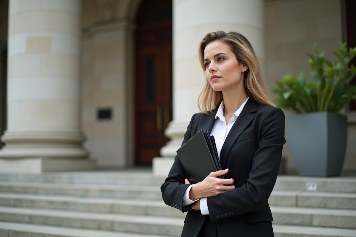 Femme professionnelle devant un palais de justice