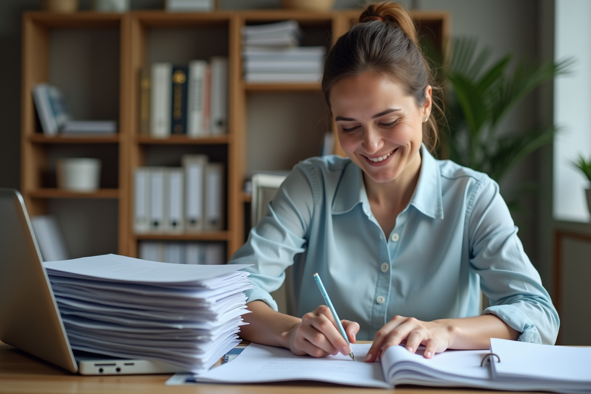 Femme d'âge moyen triant des dossiers dans son bureau moderne