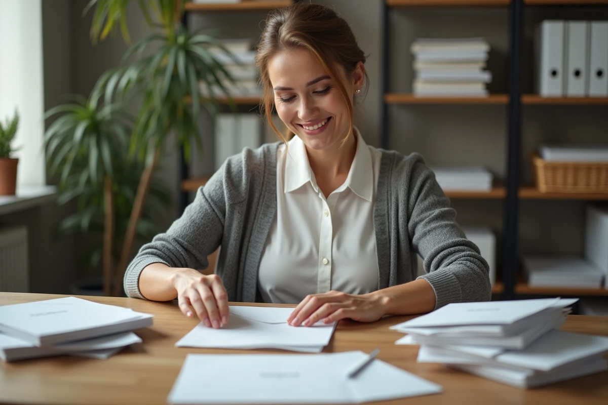 Femme d'âge moyen assemble des documents dans un bureau organisé