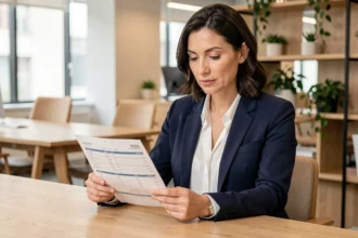 Femme professionnelle en portage salarial analysant sa fiche de paie dans un bureau moderne