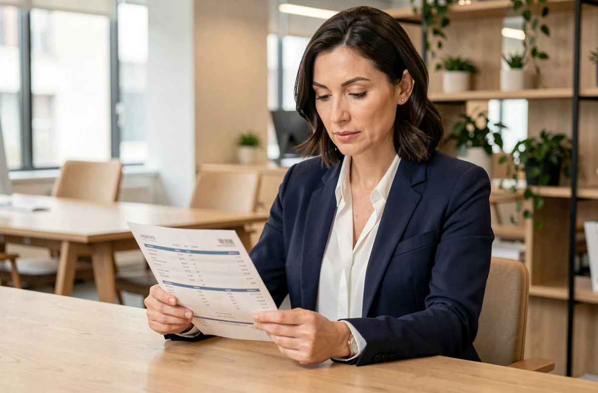 Femme professionnelle en portage salarial analysant sa fiche de paie dans un bureau moderne