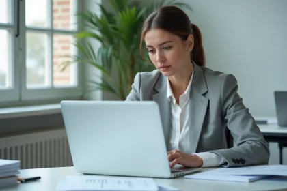 Femme professionnelle consultant le service Monidenum Kbis sur un ordinateur portable dans un bureau moderne