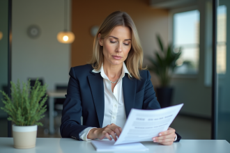 Femme professionnelle en réunion de travail sur la politique de confidentialité