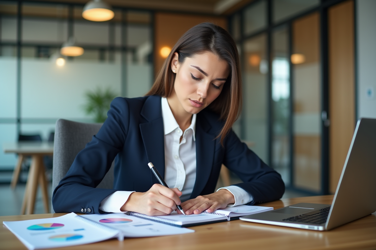 Femme professionnelle en bureau moderne prenant des notes