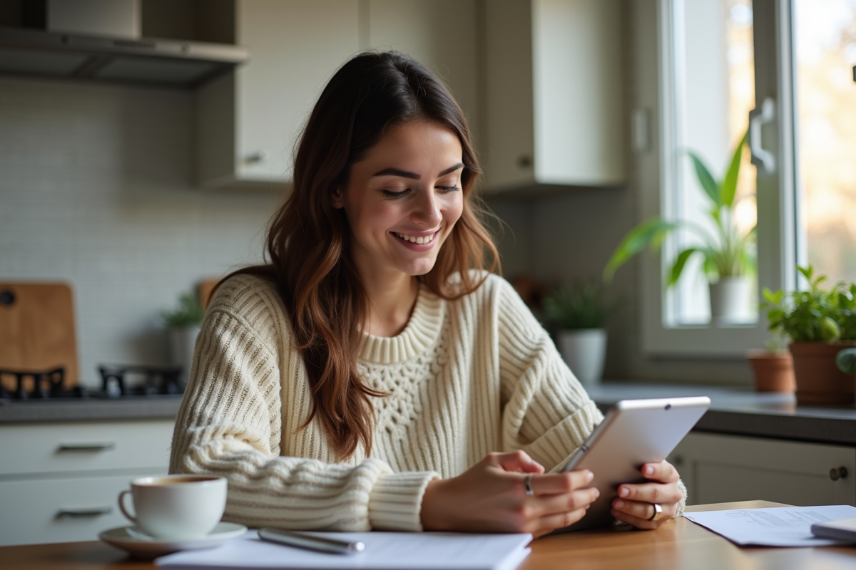 Jeune femme souriante recevant une notification crypto à la maison