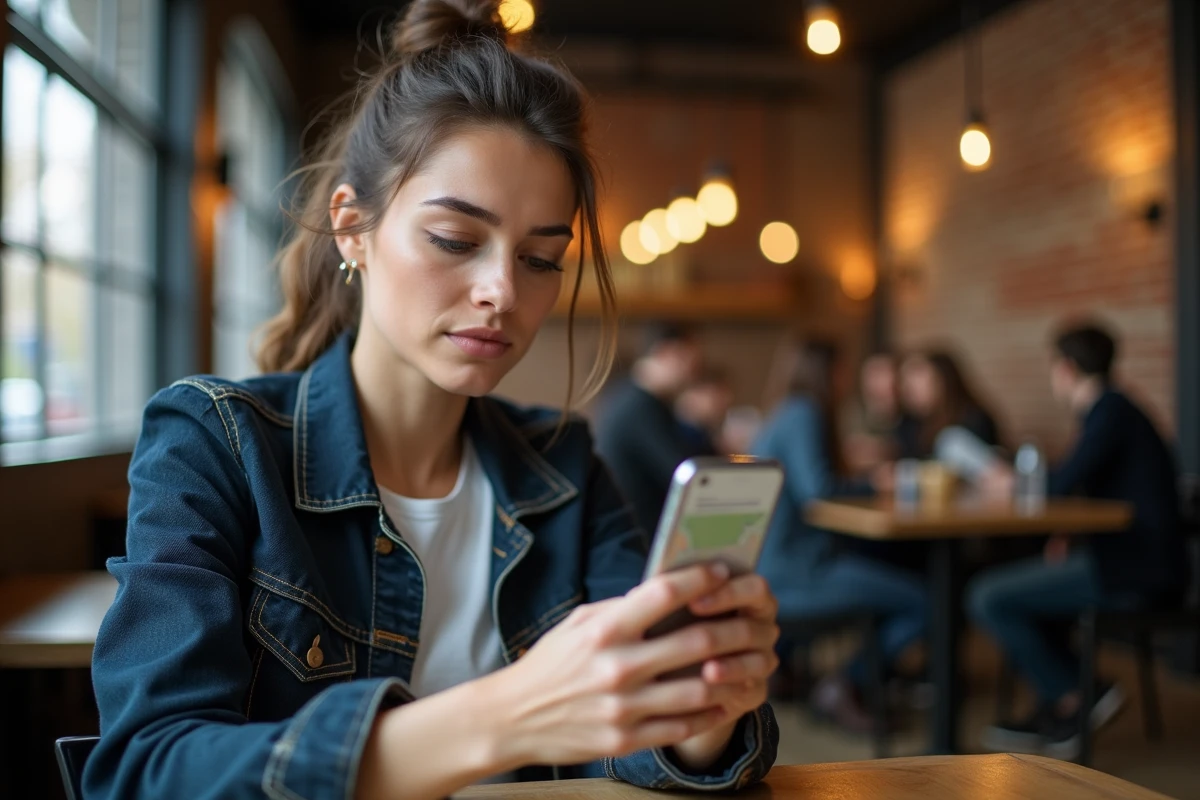 Femme recherchant l'adresse d'un site de cartographie sur son smartphone dans un café urbain
